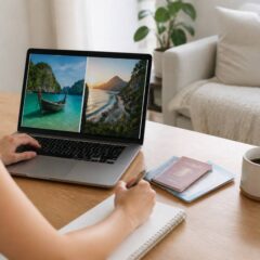 Persoon vergelijkt vakanties aan tafel met laptop en notitieboek