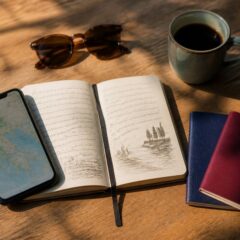 Reisplanning met notitieboek, smartphone, zonnebril en koffie op tafel