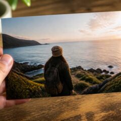 Close-up van een hand die een vers afgedrukte foto vasthoudt op een houten tafel bij daglicht