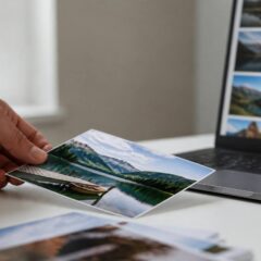 Hand die een fotoafdruk plaatst naast een laptop met fotominiaturen (realistische sfeerfoto)