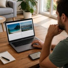 Reiservaringen en vakanties vergelijken op een laptop met notities thuis