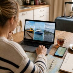 Iemand vergelijkt vakanties op een laptop aan tafel, met notities en een smartphone met een kaart