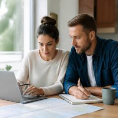 Koppel vergelijkt vakantiedeals op een laptop en maakt notities