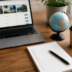 Checklist voor het vergelijken van vakanties op een bureau met laptop en wereldbol, zonder tekst