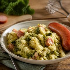 Een bord met stamppot met groenten en saus, klaar om te serveren