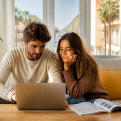 Koppel dat reisopties vergelijkt op een laptop in een lichte woonkamer