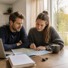Koppel gebruikt een laptop en checklist om vakanties en reizen te vergelijken